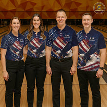 Load image into Gallery viewer, Group of bowlers in us flag eagle team shirts, personalized bowling uniforms front view.