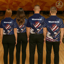 Load image into Gallery viewer, Group of bowlers in us flag eagle team shirts, personalized bowling uniforms back view.