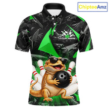 Load image into Gallery viewer, Custom green bearded dragon bowling jersey for men, personalized team bowling polo shirt front view