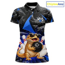 Load image into Gallery viewer, Custom blue bearded dragon bowling jersey for women, personalized team bowling polo shirt front view