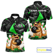 Load image into Gallery viewer, Custom green bearded dragon bowling jersey for men, personalized team bowling polo shirt front view and back view