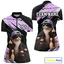 Load image into Gallery viewer, Custom Funny Cat Holographic Bowling Jersey for Women Bowling Polo &amp; 1/4 Zip Bowling Team Shirts HNT198
