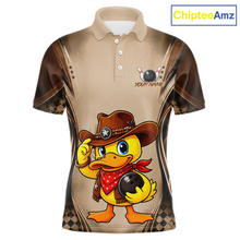 Load image into Gallery viewer, Beige polo shirt with a cartoon duck wearing a cowboy hat and holding a bowling ball, branded 'ChipteeAmz'.