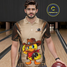Load image into Gallery viewer, Man wearing a bowling shirt with a duck design in a bowling alley