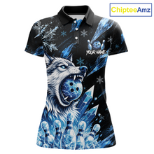 Load image into Gallery viewer, Polo shirt with wolf and bowling ball design on a black background, branded 'ChipteeAmz'.