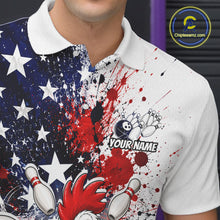 Load image into Gallery viewer, Men’s us flag chicken bowling polo shirt with custom name, angled front view showing custom team design 
