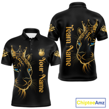 Load image into Gallery viewer, Black polo shirt with gold leopard design and customizable text on a white background