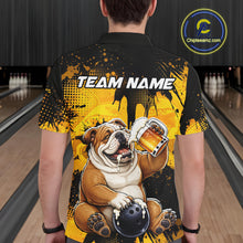 Load image into Gallery viewer, Person wearing a bowling-themed shirt with a bulldog graphic and 'Team Name' text in a bowling alley.
