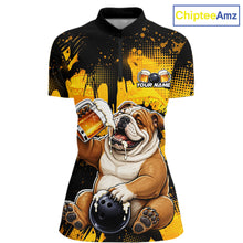 Load image into Gallery viewer, Bulldog holding a beer with bowling ball and shoes on a black and yellow shirt by ChipteeAmz.