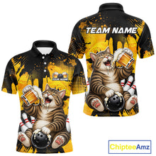 Load image into Gallery viewer, Polo shirt with a cat design holding bowling balls and a beer mug, with 'Team Name' and 'Your Name' text space.