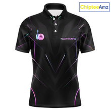 Load image into Gallery viewer, Black polo shirt with colorful designs and a logo on a white background, branded 'ChipteeAmz'.