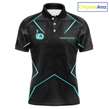 Load image into Gallery viewer, Black polo shirt with teal accents and a logo on a white background, branded 'ChipteeAmz'.