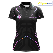 Load image into Gallery viewer, Black polo shirt with colorful geometric patterns and a bowling ball design on a white background, branded with 'ChipteeAmz'.