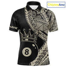 Load image into Gallery viewer, Men’s fitted polo dress in black and gold tones with layered Polynesian-style designs, abstract geometric textures, and a large crowned 8-ball centerpiece.