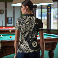 Load image into Gallery viewer, Woman wearing a black and gold patterned shirt with 'TEAM NAME' and number '8' in a pool hall.