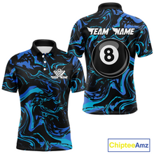 Load image into Gallery viewer, Front and back views of a men’s black billiards polo with turquoise and teal marble patterns, custom team text, and a large 8-ball graphic on the back.