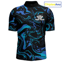 Load image into Gallery viewer, Front views of a men’s black billiards quarter zip with turquoise and teal marble patterns