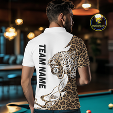 Load image into Gallery viewer, Man wearing a white polo shirt with a leopard design and 'Team Name' text, standing in a pool hall.