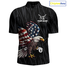 Load image into Gallery viewer, Black quarter zip billiard shirt with American flag eagle 8 ball design and customizable text on a white background