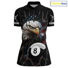 Load image into Gallery viewer, Front views of a black billiards quarter zip featuring a bald eagle graphic, cracked flag background, and large 8-ball designs.