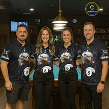 Load image into Gallery viewer, Four teammates in a billiards hall wearing matching black eagle-themed pool polos with cracked flag artwork, sleeve name text, and large 8-ball graphics.