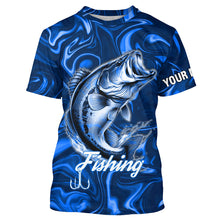 Load image into Gallery viewer, Blue Fishing Largemouth Bass Fish Hook Custom Name Long Sleeve Performance Shirt TTN121