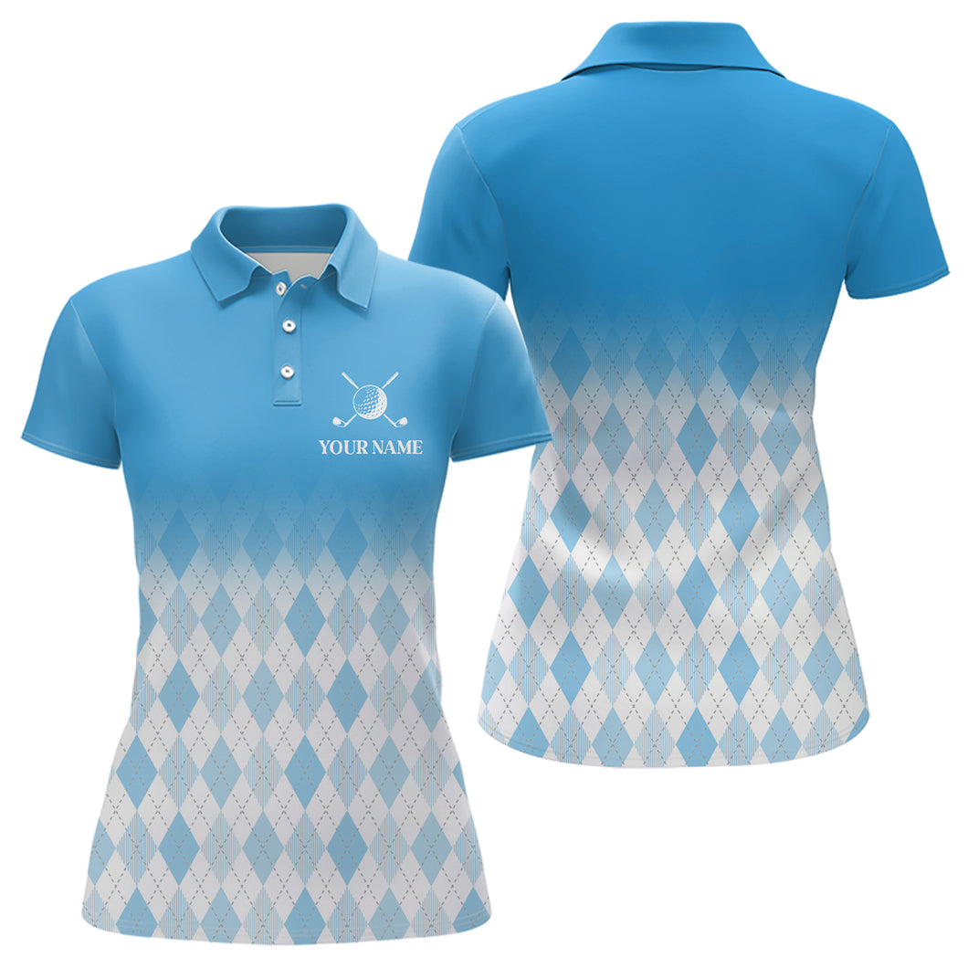 Argyle Pattern Golf Polo Shirts For Womens Custom Name, Golf Pattern Blue Shirt Gifts YYD0033
