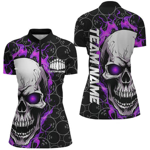 Personalized Skull Bowling Shirt For Women Custom Team'S Name Flame Bowler Jerseys |  Purple IPHW5009