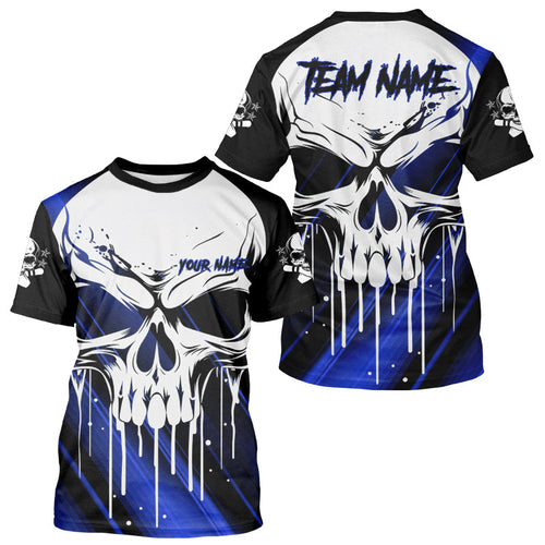Custom Blue Skull Bowling T-Shirts For Men, Halloween Bowlers Jerseys IPHW5321