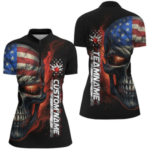 Flame Skull American Flag Custom Women's Team Bowling Shirts, Patriotic Bowling Jerseys IPHW5176