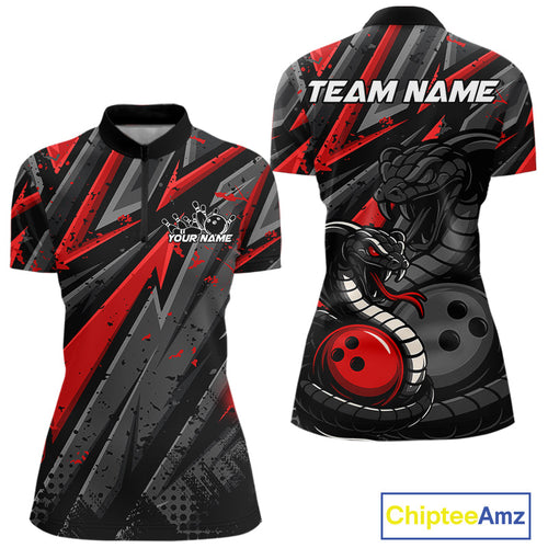 Custom Grunge Black And Red Cobra Snake Bowling Women Quarter-Zip Shirts With Team Name IPHW9027