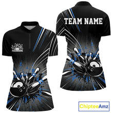 Load image into Gallery viewer, Custom Black And Blue Grunge Bowling Team Jerseys, Women Bowling Quarter-Zip Shirts IPHW9621
