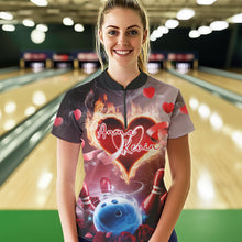 Load image into Gallery viewer, Custom Valentines Day Couple Bowling Quarter-Zip Shirts For Women, Roses And Flame Bowling IPHW8340