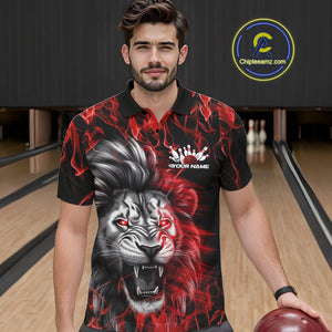 Custom Red Flame Lion Bowling Polo Team Shirts For Men, Lion Bowling League Shirt IPHW9326