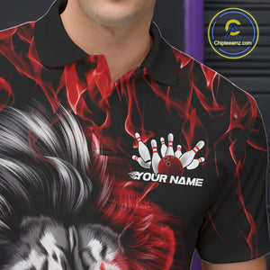 Custom Red Flame Lion Bowling Polo Team Shirts For Men, Lion Bowling League Shirt IPHW9326