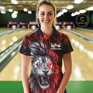 Custom Red Flame Lion Bowling Polo Team Shirts For Women, Lion Bowling League Shirt IPHW9326