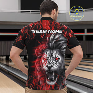 Custom Red Flame Lion Bowling Quarter-Zip Team Shirts For Men, Lion Bowling League Shirt IPHW9326