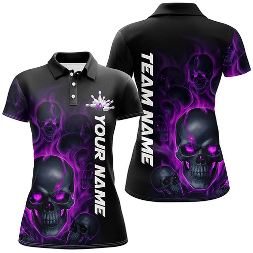 Purple Smoke Flame Custom Skull Ladies Bowling Shirts, Bowling Team Uniform Halloween Outfit IPHW7391
