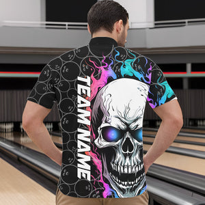 Custom Blue And Pink Flame Skull Bowling Men Quarter-Zip Shirts, Bowling Pattern Team League Shirt IPHW8853