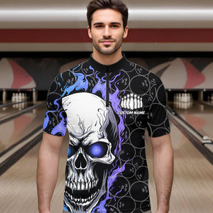 Custom Blue And Purple Flame Skull Bowling Men Quarter-Zip Shirts, Bowling Team League Shirt IPHW8854