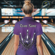 Load image into Gallery viewer, Person wearing a purple bowling shirt with 'Team Name' text in a bowling alley.
