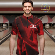 Load image into Gallery viewer, Man wearing a red and black bowling shirt with a personalized name on a bowling alley background