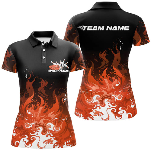 Custom Flame Ladies Bowling Shirts, Team Name Orange Bowling League Shirts Bowlers Outfits IPHW7404