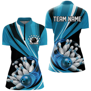 Custom Blue Flame Ladies Bowling Shirts, Bowling League Bowling Team Shirts Bowlers Outfit IPHW7415