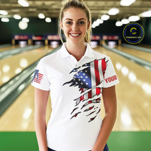 Load image into Gallery viewer, Custom Women's Bowling Shirts, Customizable American Flag Bowling Pin Quarter Zip Shirt For Team IPHW3809
