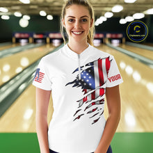 Load image into Gallery viewer, Custom Women's Bowling Shirts, Customizable American Flag Bowling Pin Quarter Zip Shirt For Team IPHW3809