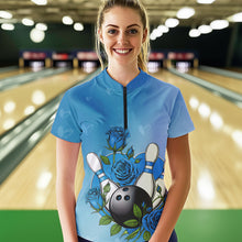 Load image into Gallery viewer, Custom Blue Valentine Bowling Quarter-Zip Shirts For Women, Bowling And Roses Couple Outfit IPHW8351