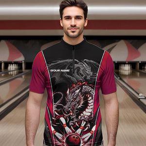 Custom Black And Red Dragon Bowling Quarter-Zip Shirts For Men, Dragon Bowling Tournament Uniform IPHW8553