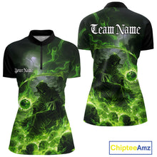 Load image into Gallery viewer, Custom Electric Green Fire Grim Reaper Bowling Women Quarter-Zip Shirt, Halloween Bowling IPHW9465