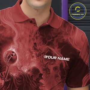 Custom Red Flame Skull Bowling Polo Shirts, Red Smoke Bowling Hallween Outfit IPHW9472